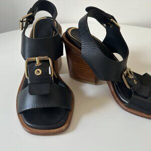 Black Leather Block Heel Sandal with Brass Buckles
